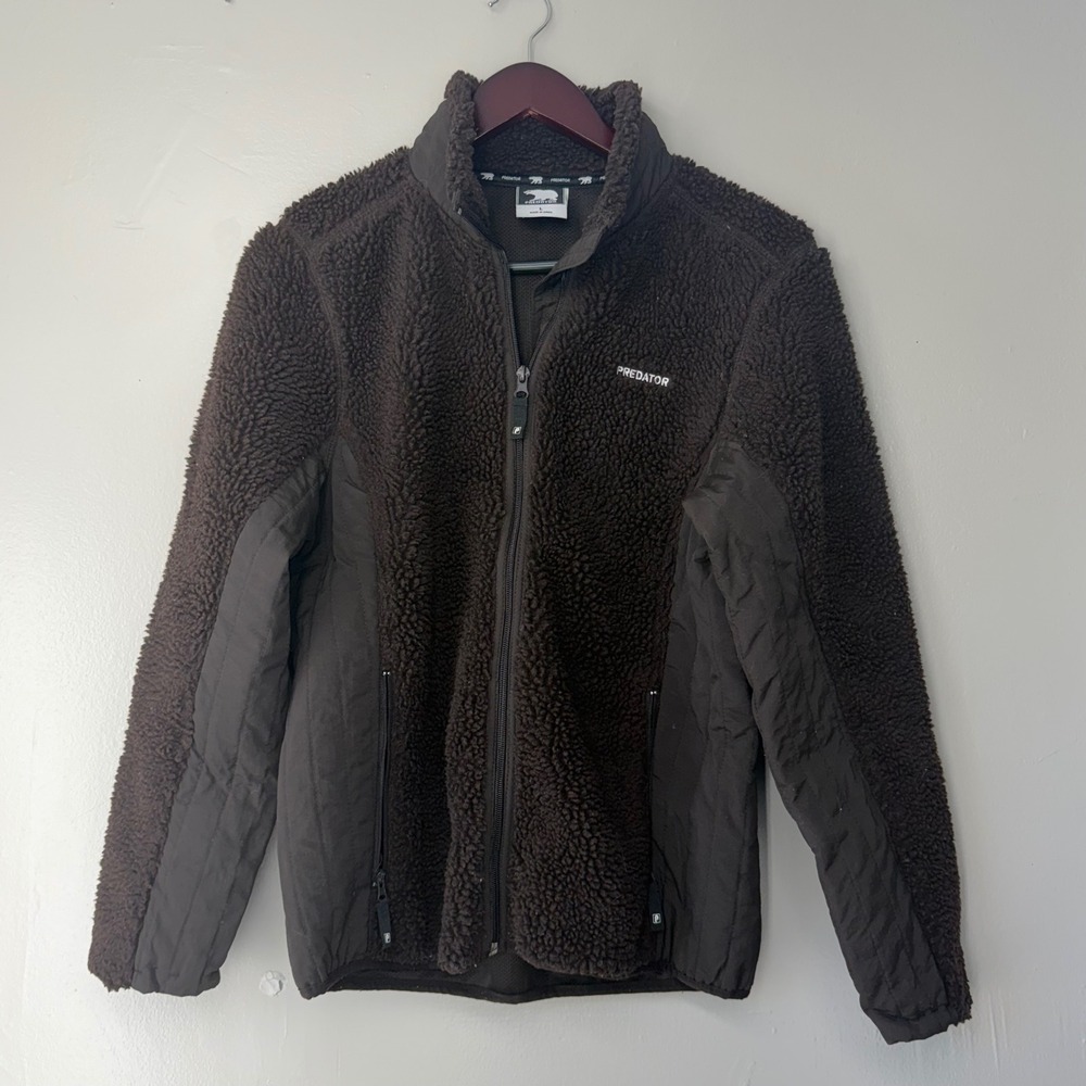 Predator Fleece Jacket Brown Sherpa Mixed Media Full Zip Mock Neck Large